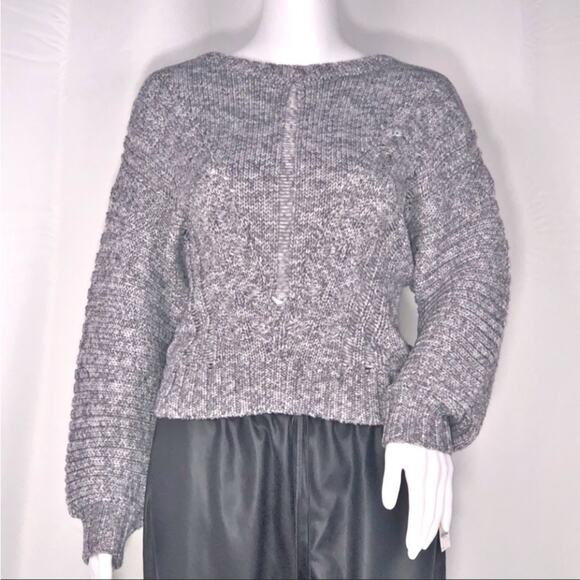 Blue Life Grey Heather Balloon Sleeves Scoop Neck Sweater Ribbed & Open Knit SzM - Picture 1 of 11